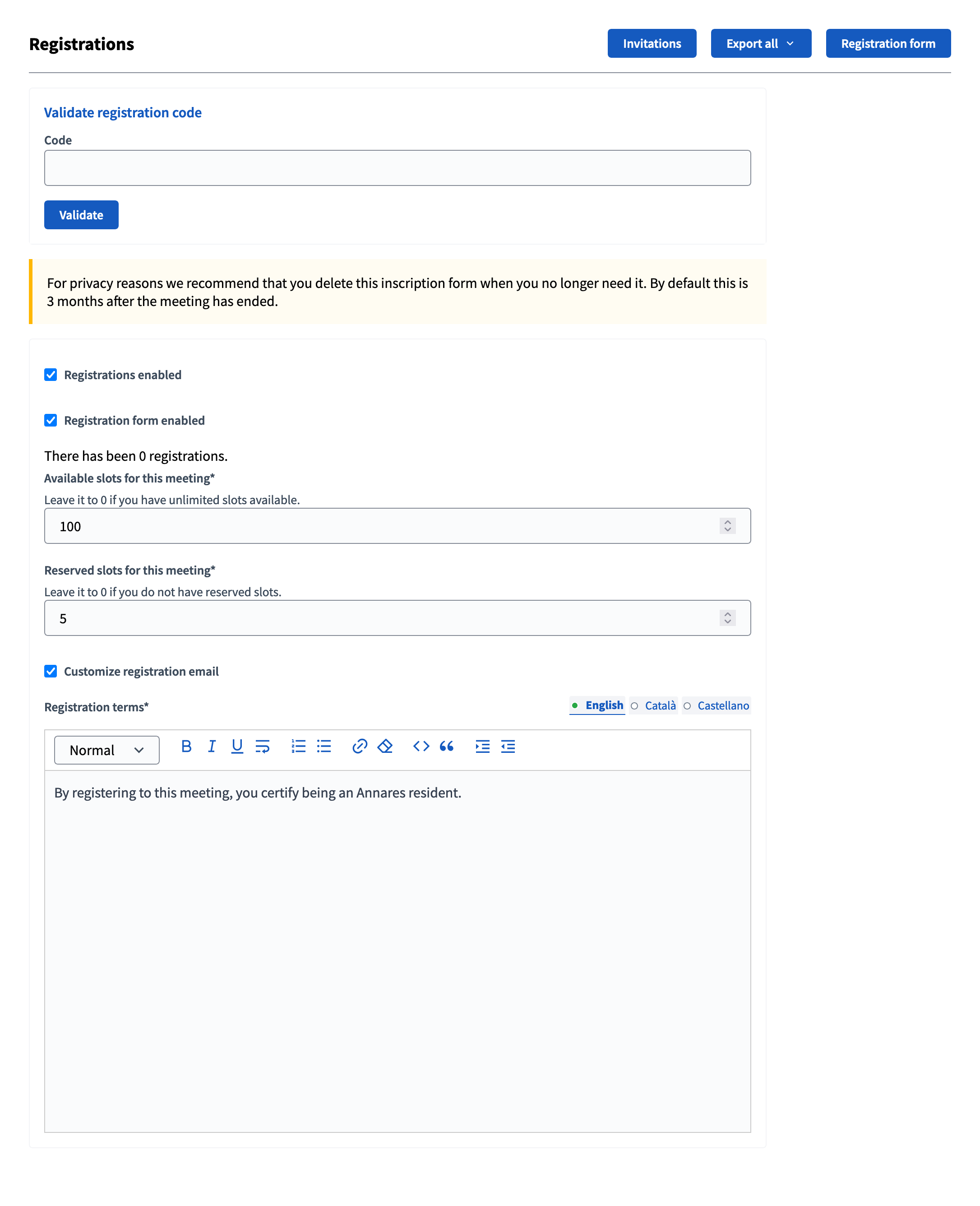 Registrations settings in a meeting